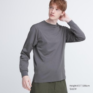 Uniqlo AIRism Cotton UV Protection Crew Neck Long-Sleeve Miesten T Paidat Harmaat | 5182-EHUOW