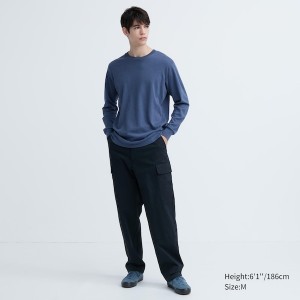 Uniqlo Brushed Cotton Crew Neck Long-Sleeve Miesten T Paidat Sininen | 1963-SBVIR