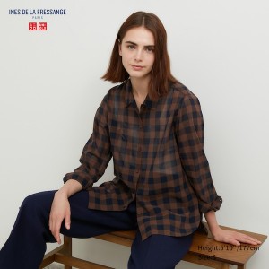 Uniqlo Cotton Sheer Checked Long-Sleeve Naisten Paidat Tummanruskea | 3094-VDBTK