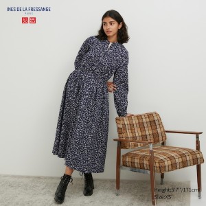 Uniqlo Cotton Twill Printed Volume Sleeve Long Naisten Mekko Sininen | 8671-YNPRE