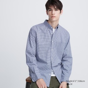 Uniqlo Extra Fine Cotton Broadcloth Checkered Long-Sleeve Miesten Paidat Sininen | 1976-SXTKW