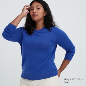 Uniqlo Extra Fine Merino Crew Neck Long-Sleeve Naisten Neulepuserot Sininen | 4729-YQGCT