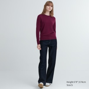 Uniqlo Extra Fine Merino Crew Neck Long-Sleeve Naisten Neulepuserot Viininpunainen | 1395-SKLRM