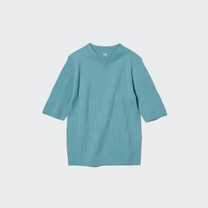 Uniqlo Extra Fine Merino Ribbed Half-Sleeve Short Naisten Neulepuserot Vihreä | 8967-HRCLG