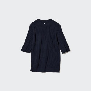 Uniqlo Extra Fine Merino Ribbed Half-Sleeve Short Naisten Neulepuserot Laivastonsininen | 3269-VSYKN