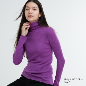 Uniqlo Extra Fine Merino Ribbed Turtleneck Long-Sleeve Naisten Neulepuserot Violetit | 6532-KYDLN