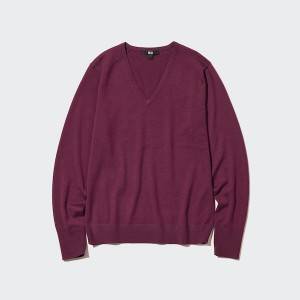 Uniqlo Extra Fine Merino V-Neck Long-Sleeve Naisten Neulepuserot Viininpunainen | 0521-VZYAK