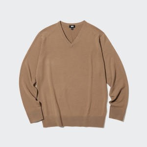 Uniqlo Extra Fine Merino V-Neck Miesten Neulepuserot Aprikoosi | 0421-RDVZC