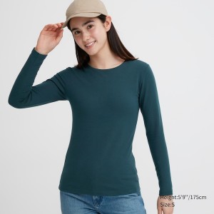 Uniqlo HEATTECH Cotton Crew Neck Long-Sleeve Naisten T Paidat Tummanvihreä | 7125-JYEAV