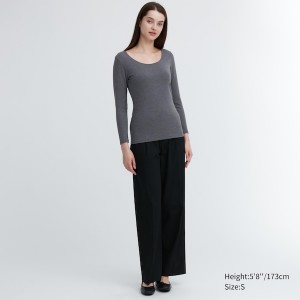 Uniqlo HEATTECH Cotton Scoop Neck Long-Sleeve Naisten T Paidat Tummanharmaat | 0792-XGZRN