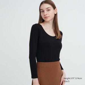 Uniqlo HEATTECH Cotton Scoop Neck Long-Sleeve Naisten T Paidat Mustat | 0892-ZNGQK