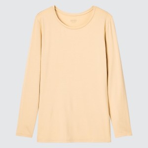 Uniqlo HEATTECH Crew Neck Long-Sleeve Naisten T Paidat Beige | 2703-XCMZH