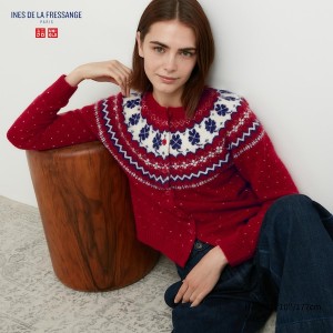 Uniqlo Jacquard Crew Neck Long-Sleeve Naisten Neuletakki Punainen | 2048-KERLT