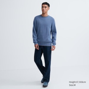 Uniqlo Premium Lambswool Crew Neck Long Sleeve Miesten Neulepuserot Sininen | 6925-SJLPN