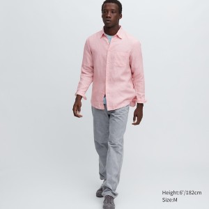 Uniqlo Premium Linen Long-Sleeve Miesten Paidat Pinkki | 2193-XIESZ