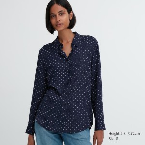 Uniqlo Rayon Printed Long-Sleeve Naisten Paidat Laivastonsininen | 3685-RJFLC