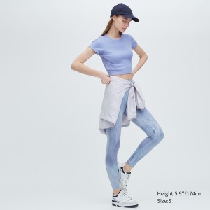 Uniqlo Ribbed Crew Neck Short-Sleeve Cropped Naisten T Paidat Sininen | 2465-STKMU