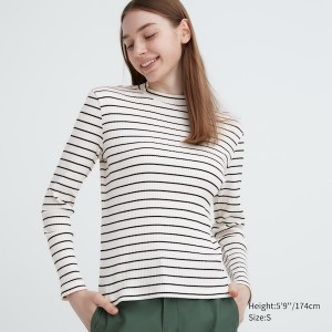 Uniqlo Ribbed Striped High Neck Long-Sleeve Naisten T Paidat Valkoinen | 1394-PFIDJ