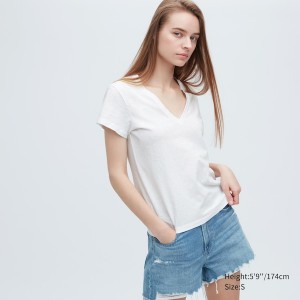 Uniqlo Slub Jersey V-Neck Short-Sleeve Naisten T Paidat Valkoinen | 7693-SQDVL