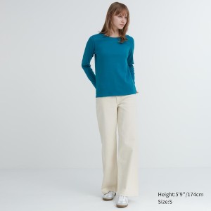 Uniqlo Smooth Stretch Cotton Crew Neck Long-Sleeve Naisten T Paidat Sininen | 2389-OCELZ