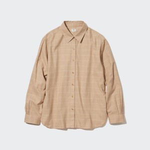 Uniqlo Soft Brushed Checked Long-Sleeve Naisten Paidat Beige | 0632-AZJBF