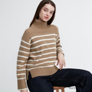 Uniqlo Souffle Yarn Striped High Neck Long-Sleeve Naisten Neulepuserot Beige | 0482-GASLN