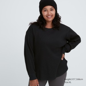 Uniqlo Waffle Crew Neck Long-Sleeve Naisten T Paidat Mustat | 2648-CANUI