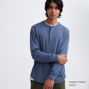 Uniqlo Waffle Henley Neck Long-Sleeve Miesten T Paidat Sininen | 7248-LOHRT