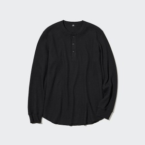 Uniqlo Waffle Long-Sleeve Henley Miesten T Paidat Mustat | 3578-KHOGW