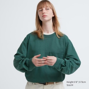 Uniqlo Washed Cotton Crew Neck Long-Sleeve Naisten T Paidat Vihreä | 4092-LQBRT