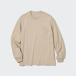 Uniqlo Washed Cotton Crew Neck Long-Sleeve Miesten Puserot Beige | 5163-TZIRL