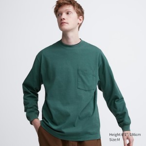 Uniqlo Washed Cotton Crew Neck Long-Sleeve Miesten T Paidat Vihreä | 3486-FHCPB