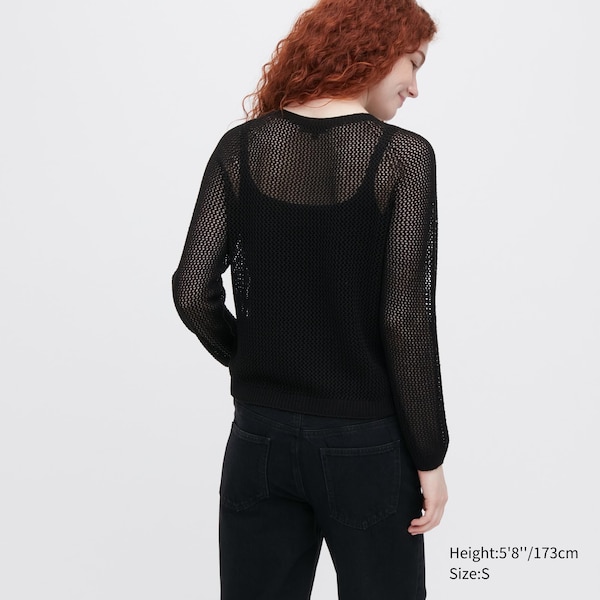 Uniqlo 3D Knit Mesh Long-Sleeve Crew Neck Naisten Neulepuserot Mustat | 6185-TIPKN