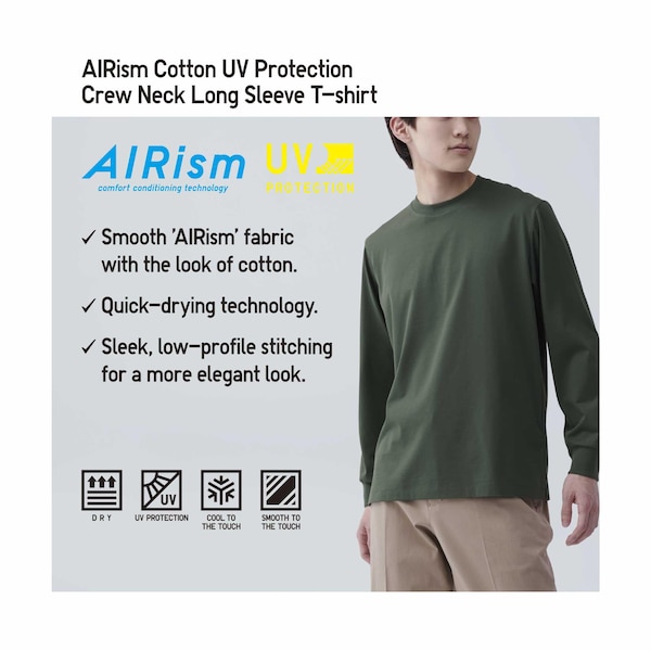 Uniqlo AIRism Cotton UV Protection Crew Neck Long-Sleeve Miesten T Paidat Vihreä | 9750-HOBFV