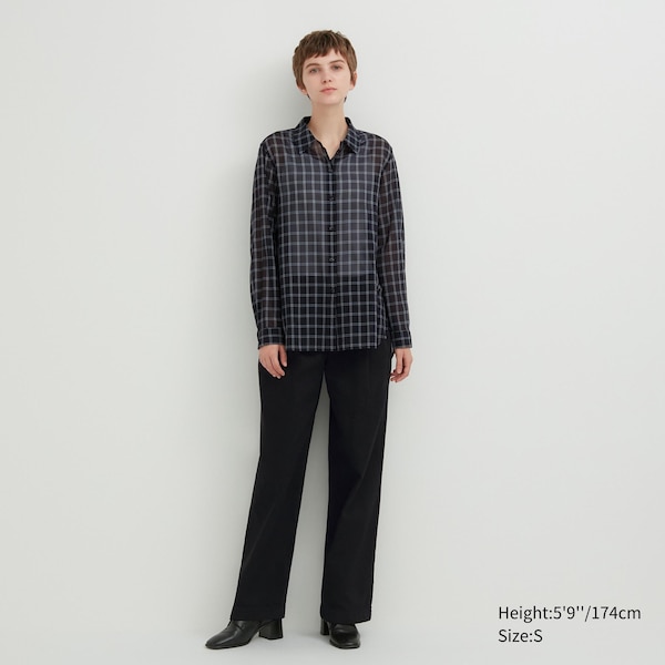 Uniqlo Cotton Sheer Checked Long-Sleeve Naisten Paidat Mustat | 0736-DTFAI