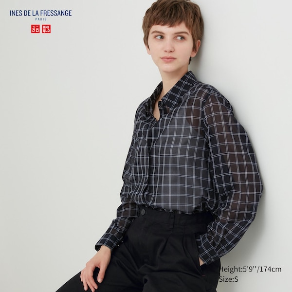 Uniqlo Cotton Sheer Checked Long-Sleeve Naisten Paidat Mustat | 0736-DTFAI