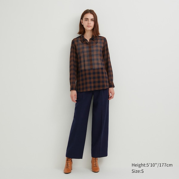 Uniqlo Cotton Sheer Checked Long-Sleeve Naisten Paidat Tummanruskea | 3094-VDBTK