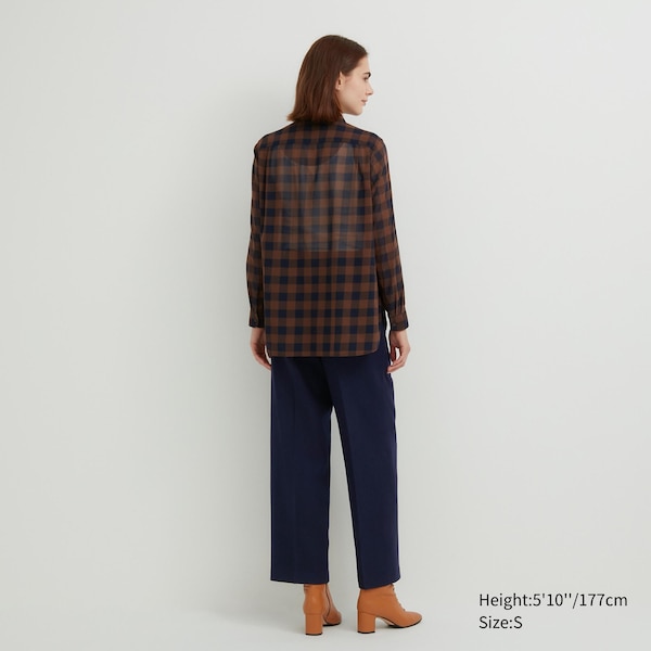 Uniqlo Cotton Sheer Checked Long-Sleeve Naisten Paidat Tummanruskea | 3094-VDBTK