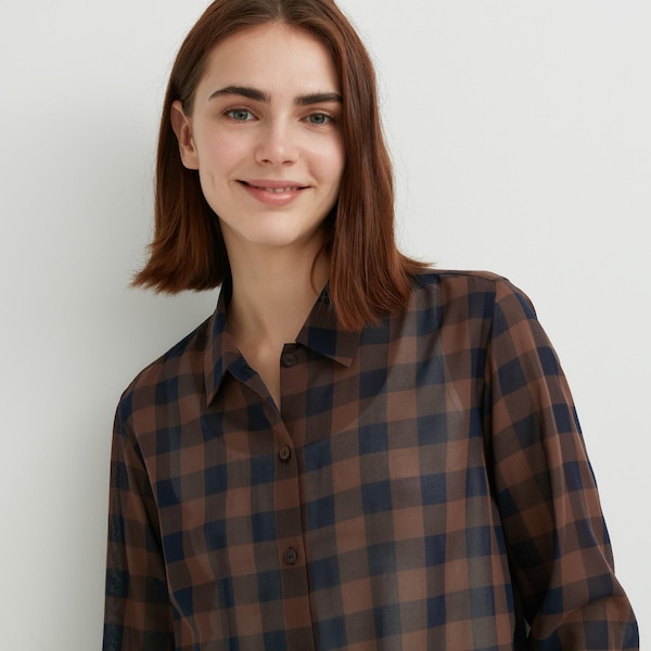 Uniqlo Cotton Sheer Checked Long-Sleeve Naisten Paidat Tummanruskea | 3094-VDBTK