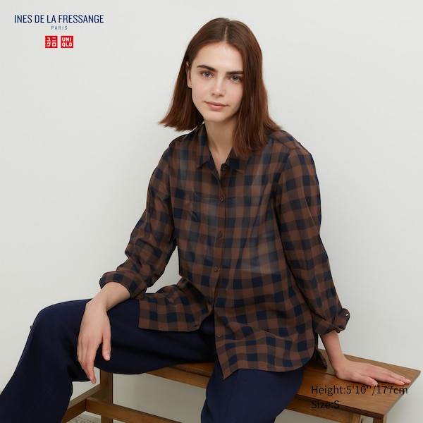 Uniqlo Cotton Sheer Checked Long-Sleeve Naisten Paidat Tummanruskea | 3094-VDBTK