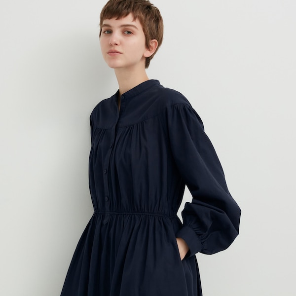 Uniqlo Cotton Twill Volume Sleeve Long Naisten Mekko Laivastonsininen | 0958-BIMTV