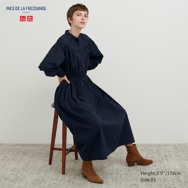 Uniqlo Cotton Twill Volume Sleeve Long Naisten Mekko Laivastonsininen | 0958-BIMTV