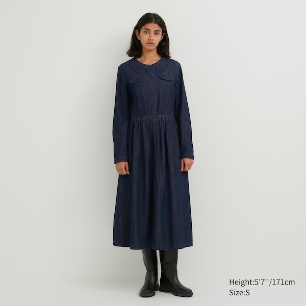 Uniqlo Denim Long-Sleeve Naisten Mekko Laivastonsininen | 1602-MNCHY