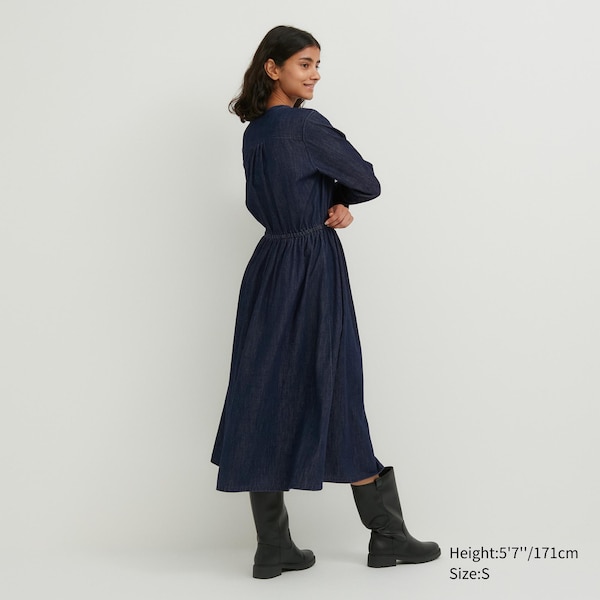 Uniqlo Denim Long-Sleeve Naisten Mekko Laivastonsininen | 1602-MNCHY