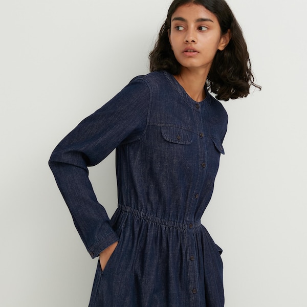 Uniqlo Denim Long-Sleeve Naisten Mekko Laivastonsininen | 1602-MNCHY