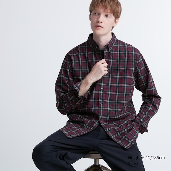 Uniqlo Extra Fine Cotton Broadcloth Checked Long-Sleeve Miesten Paidat Viininpunainen | 9014-UAIET