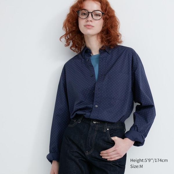 Uniqlo Extra Fine Cotton Broadcloth Dotted Long-Sleeve Naisten Paidat Sininen | 5461-JKDSC