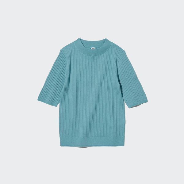 Uniqlo Extra Fine Merino Ribbed Half-Sleeve Short Naisten Neulepuserot Vihreä | 8967-HRCLG