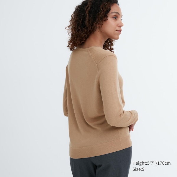 Uniqlo Extra Fine Merino V-Neck Long-Sleeve Naisten Neulepuserot Beige | 4762-DRHQE