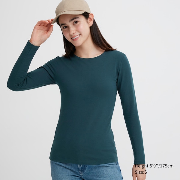 Uniqlo HEATTECH Cotton Crew Neck Long-Sleeve Naisten T Paidat Tummanvihreä | 7125-JYEAV